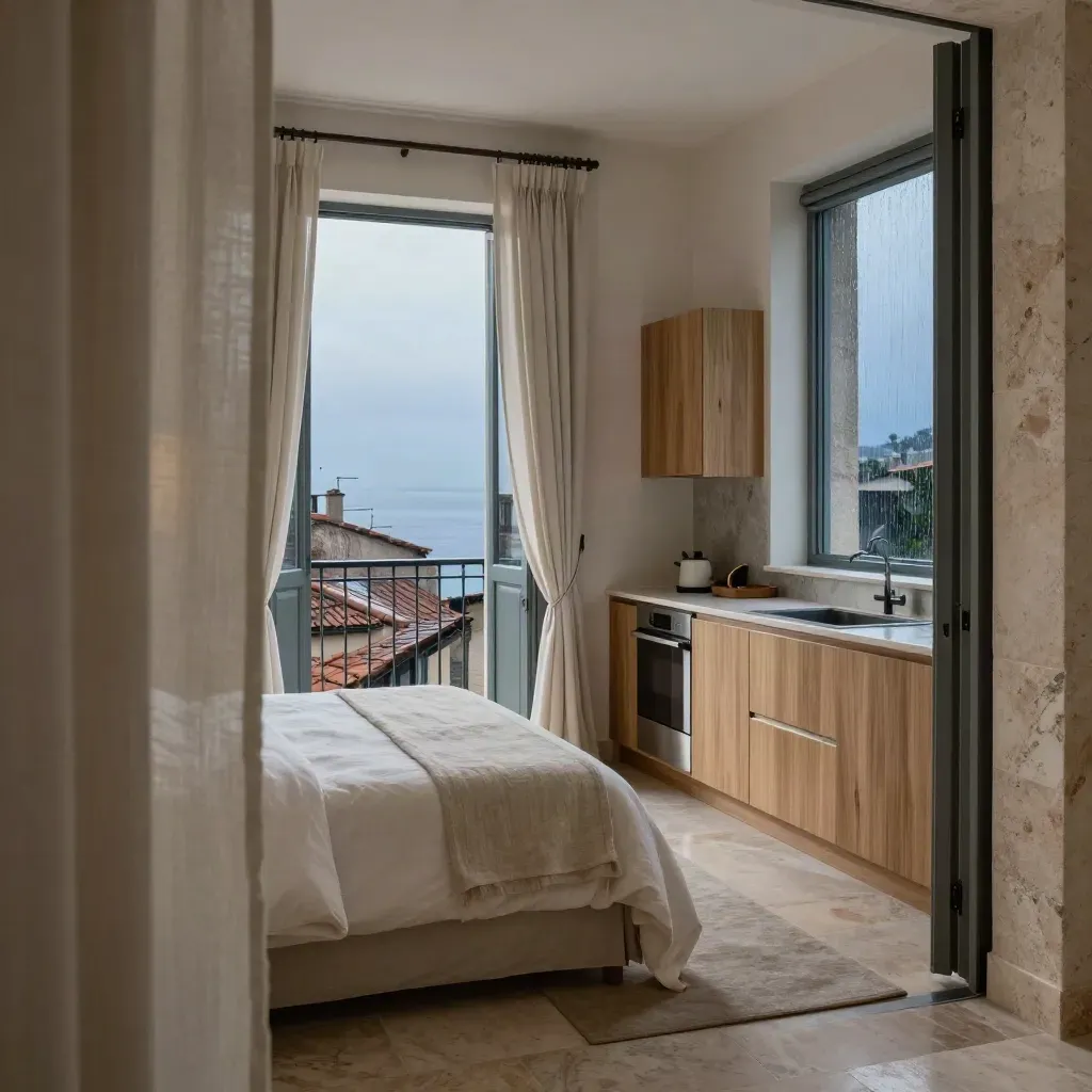 Interno elegante di un appartamento con letto rifatto, angolo cucina e balcone sul mare dopo la pioggia