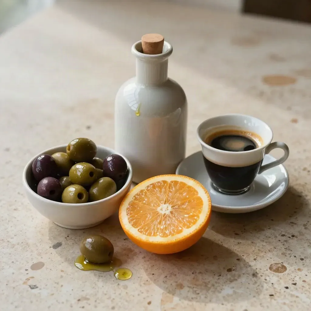 Tavola colazione con agrumi, olive, oliera in ceramica e espresso su pietra chiara.