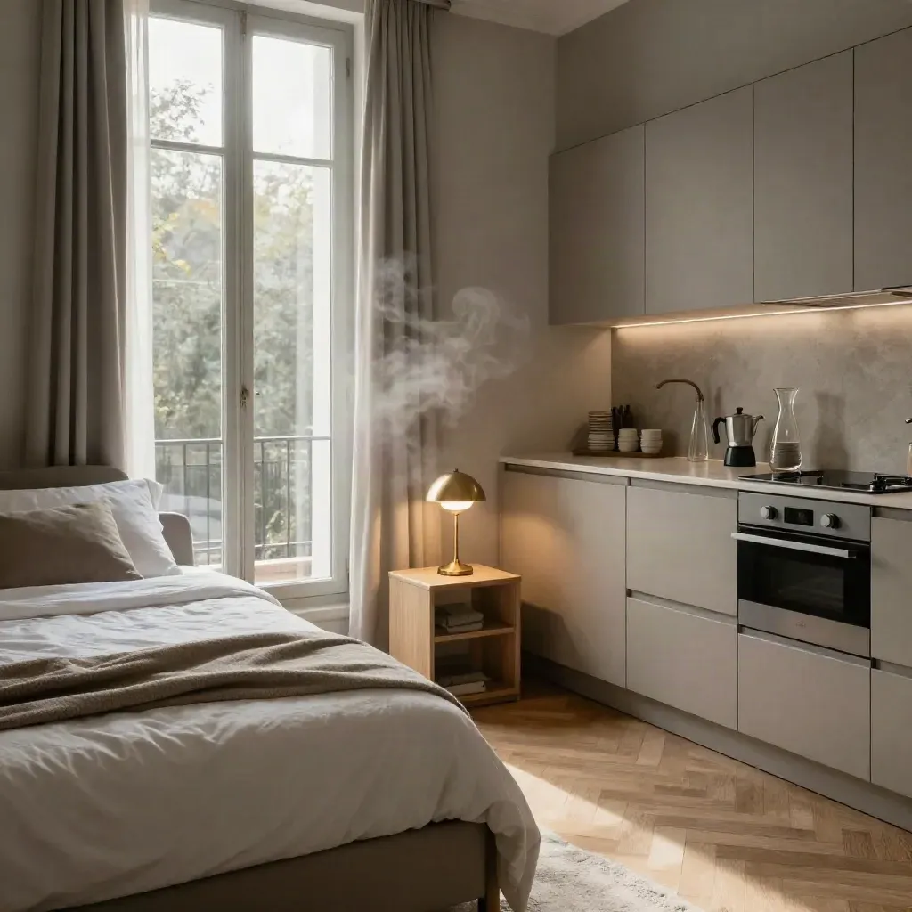 Bilocale milanese pronto, letto rifatto e cucina ordinata con luce del cortile.