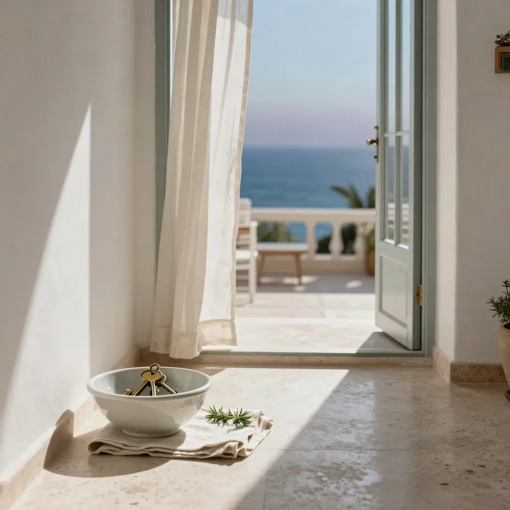 Ingresso luminoso di casa al mare con chiavi e porte terrazza aperte