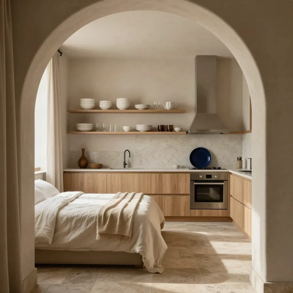 Appartamento fiorentino ordinato con letto rifatto, cucina piccola e dettagli in pietra e lino.