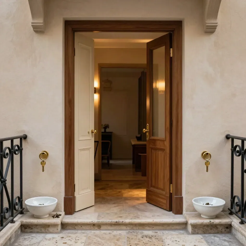 Ingresso bolognese doppio con due porte pronte e luci calde sincronizzate.