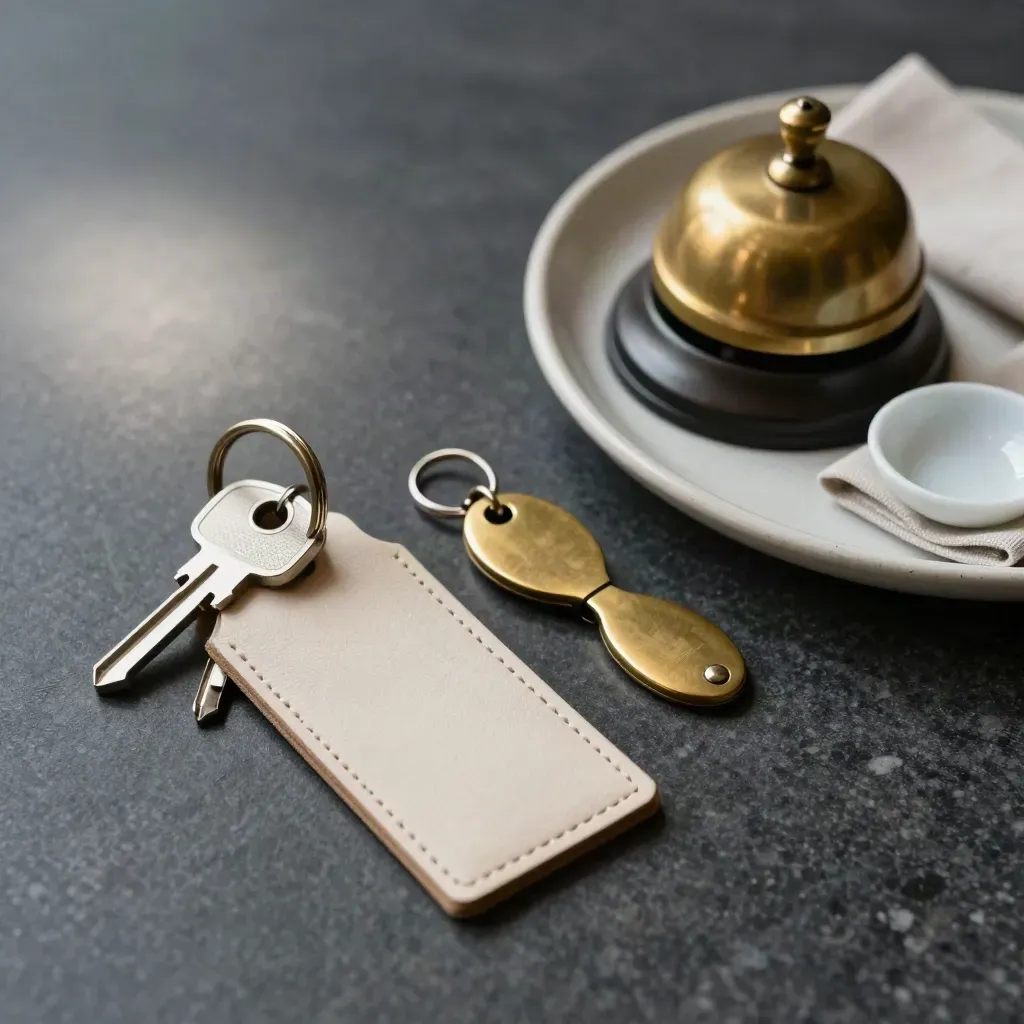Chiavi reception in ottone su pietra scura con porta-card crema e vassoio elegante