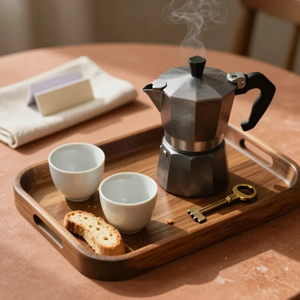 Vassoio di benvenuto con moka, tazze, biscotti e portachiavi in ottone
