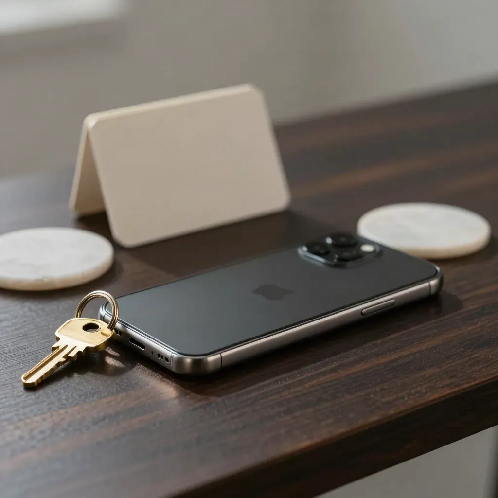 Smartphone, portachiavi in ottone e sottobicchiere in pietra su tavolo scuro d’ingresso.