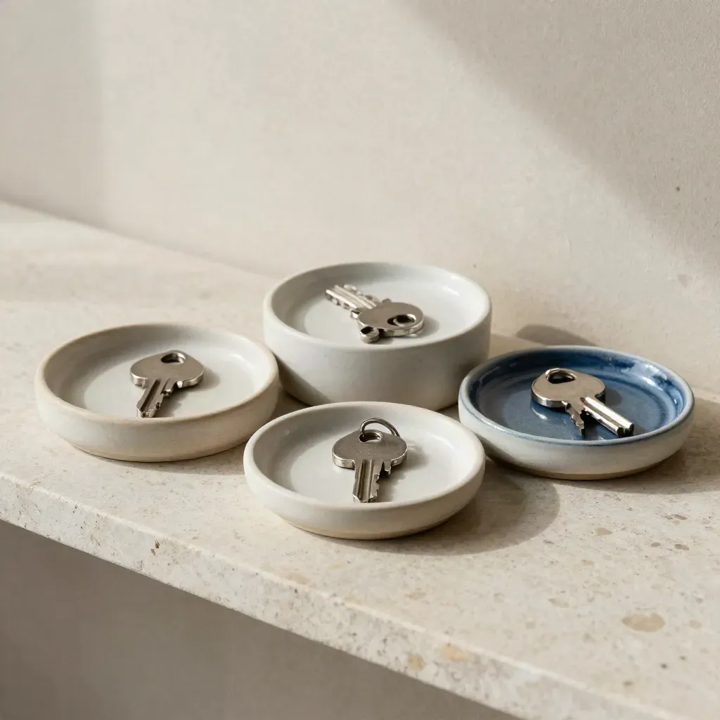 Tre chiavi e vaschette in ceramica su pietra, ordinate in tre livelli