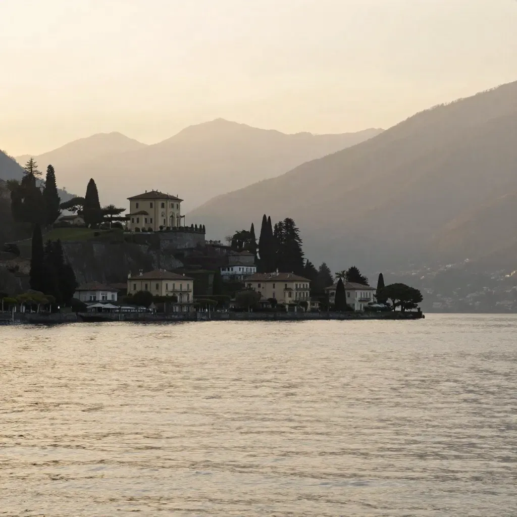 Lago di Como al tramonto, ville e montagne sopra acqua calma e velata.