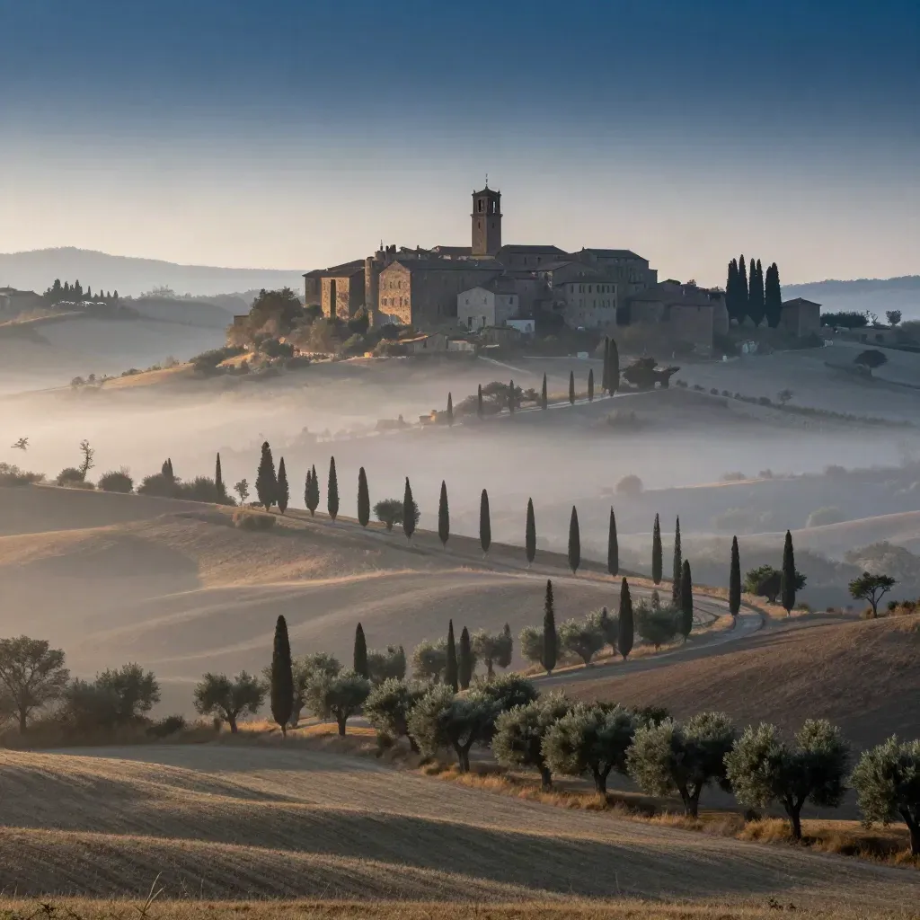 Colline toscane all’alba con cipressi e borgo in alto sopra una valle di nebbia.