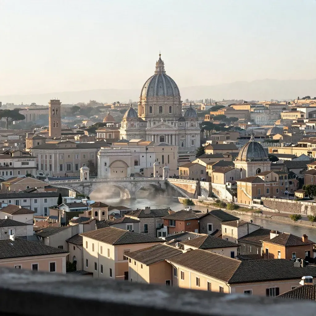 Panorama di Roma e Tevere alto nel frame, con luce calda e spazio calmo per il testo.
