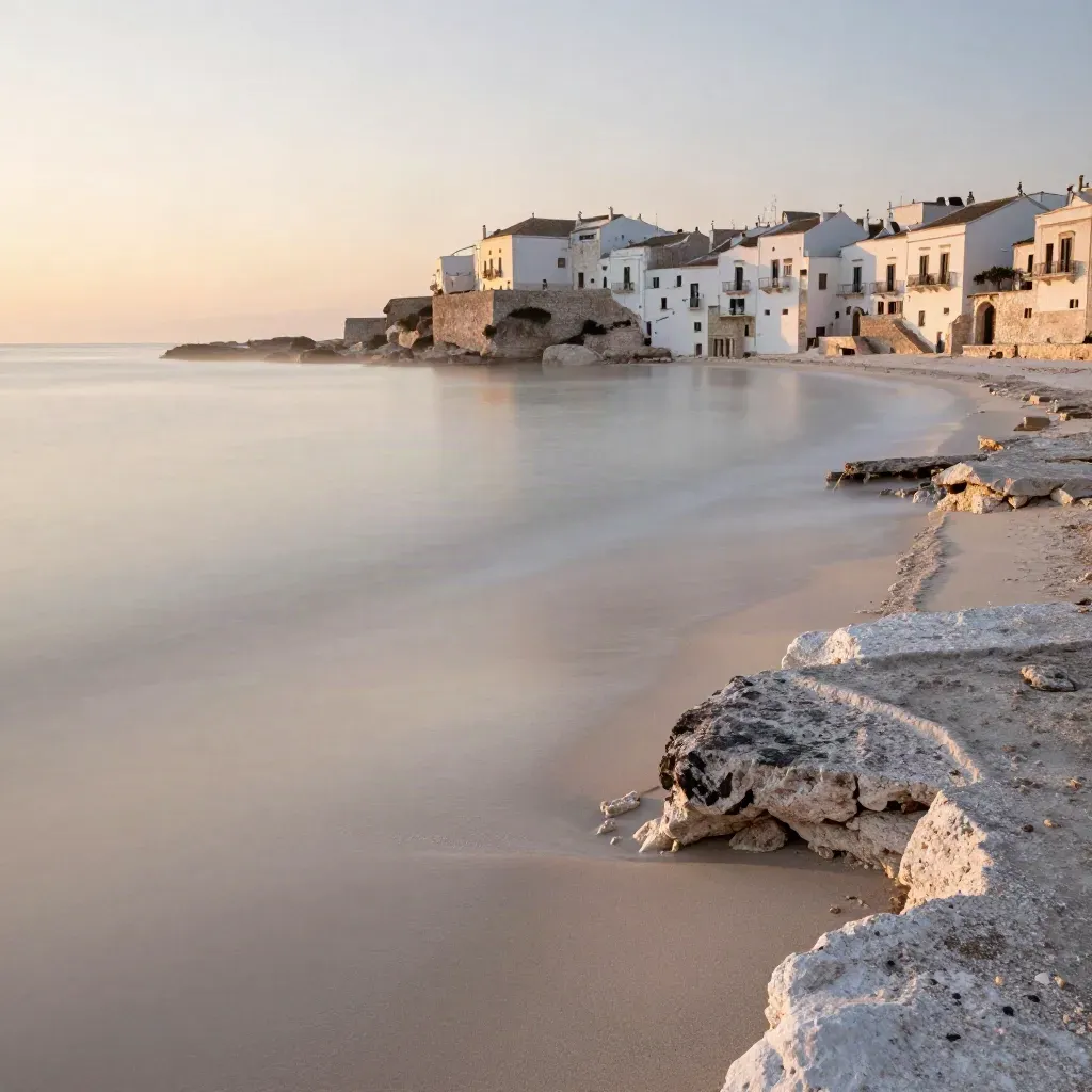 Borgo bianco pugliese su costa calcarea al tramonto con mare velato e spazio vuoto in basso
